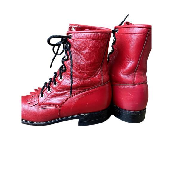 VNTG Justin Roper Women's Cherry Red Leather Fringe Lace Up Western Boots 6.5B - Picture 11 of 14